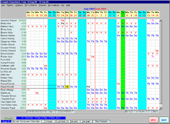 Create shifts using a one or two letter identifier and schedule shifts on a monthly basis
